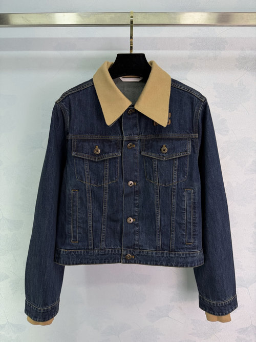 Miu Miu Retro-Style Denim Jacket with Brown Ribbon, Short Cut, and Embroidered Logo