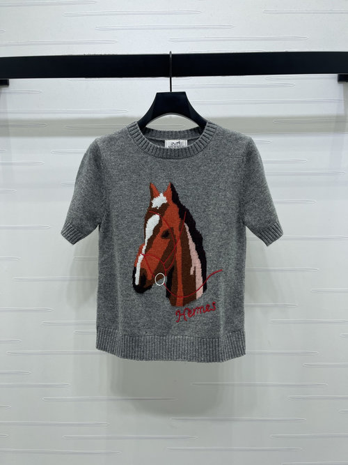 Hermes Pony Embroidery Knit Short-Sleeve Sweater