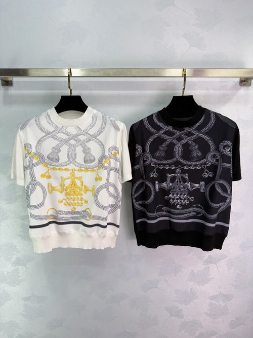 Hermes Silk-Blend Jewelry-Inspired Knit Short Sleeve, Exuding Elegance