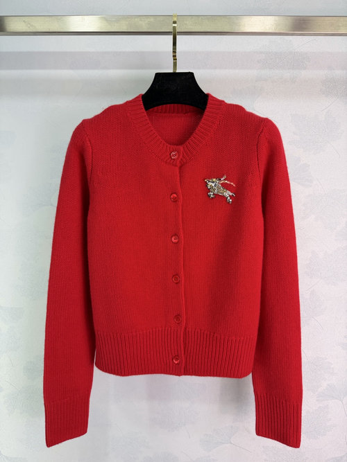 Burberry Red Cardigan with Equestrian Knight Patch, Wool Blend