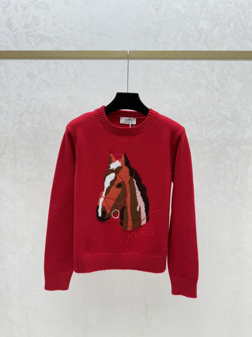 Hermes Contrast Color Pony Round Collar Long Sleeve Knit in Red