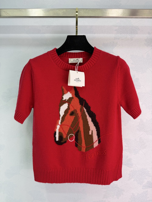 Hermes Custom Pony - Embroidery Wool Blend Knit Short Sleeve