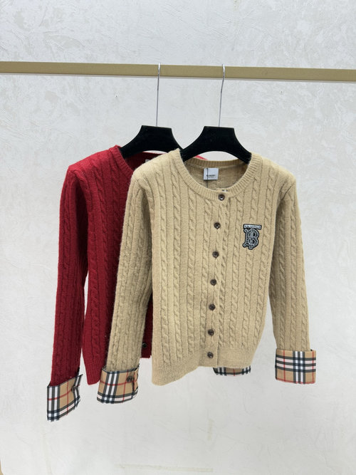 Burberry Contrasting Patchwork Round-Neck Long-Sleeve Knit Cardigan in Khaki, Red