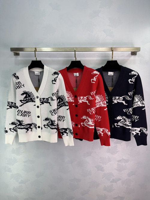 Burberry Horse Hook Flower V-Neck Ribbed Knitted Cardigan