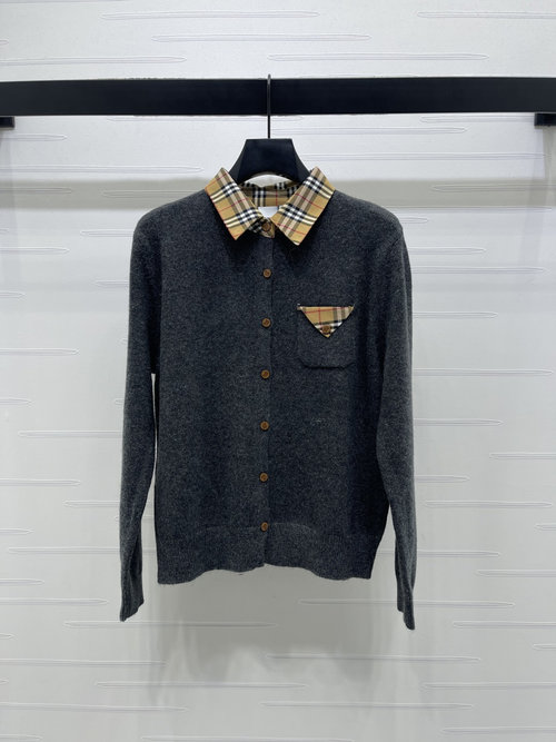 Burberry Original Knit Cardigan with Spliced Check and Wood Buttons