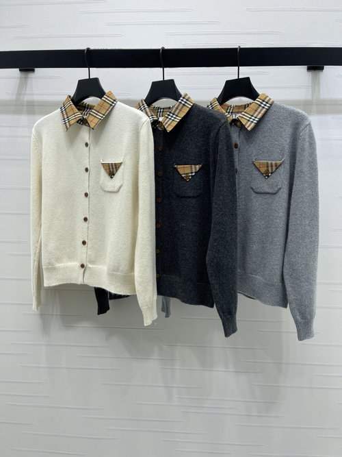 Burberry Original Knit Cardigan with Spliced Check and Wood Buttons
