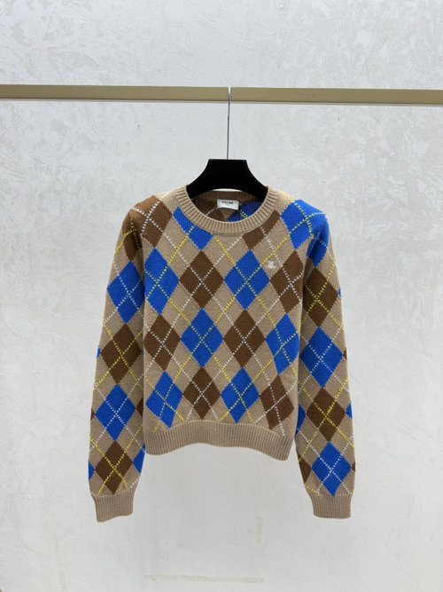 Celine Khaki Color Blocked Chevron Round Neck Knit Long Sleeve