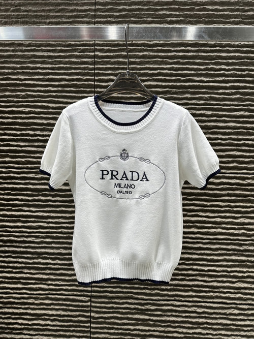 Prada New: Embroidered Letter Knit Short Sleeve