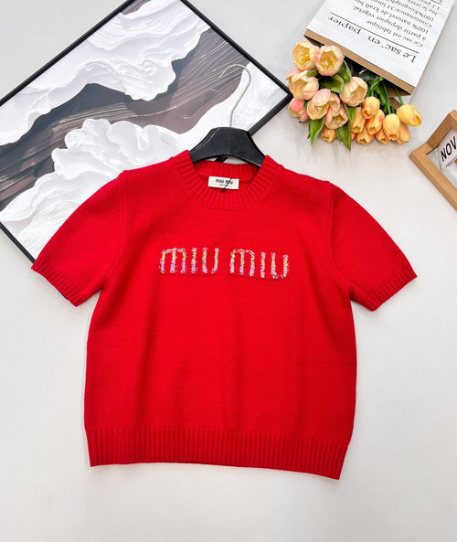 Miu Miu Colorful Logo Knitted Short-Sleeve T-Shirt