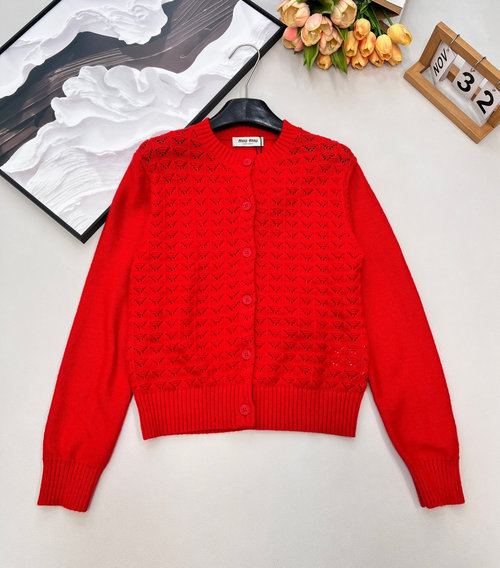 Miu Miu Red Hollowed Knit Cardigan with Brand Logos