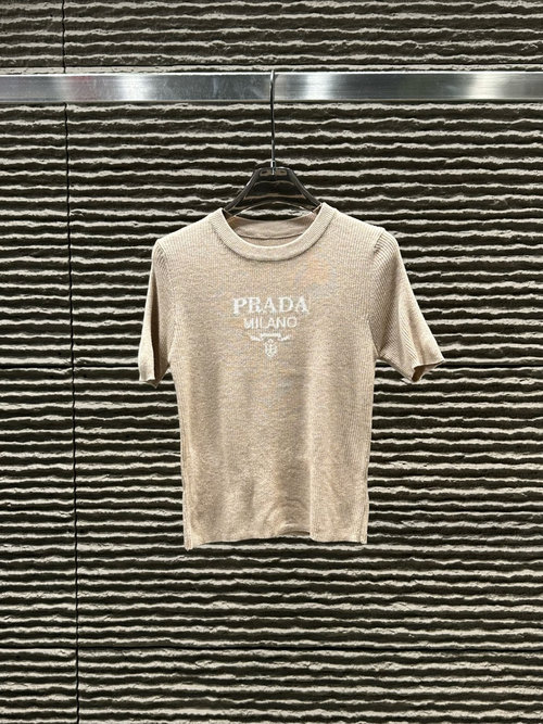 Prada Jacquard Contrast Letter Round Neck Knit Short Sleeve