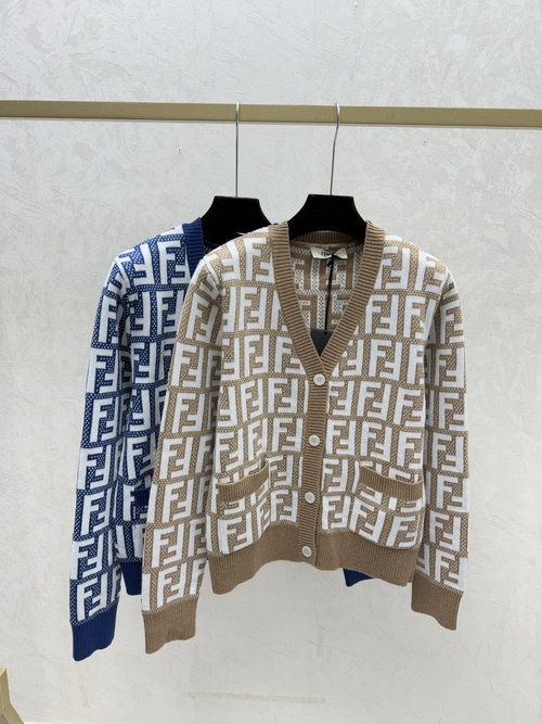 Fendi Contrasting Vintage Letter V-Neck Khaki and Navy Knit Long-Sleeve Cardigan