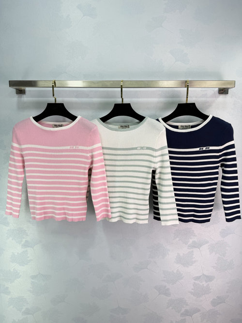 Miu Miu Color - block Striped Round Neck Short Knitted Sweater