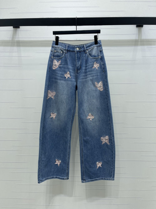 Dior Early Spring Embroidered Butterfly Denim Straight-Leg Pants