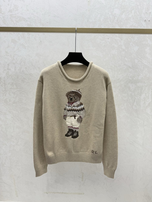 Polo Ralph Lauren Contrast Bear Jacquard Round Neck Knit Long Sleeve in Khaki