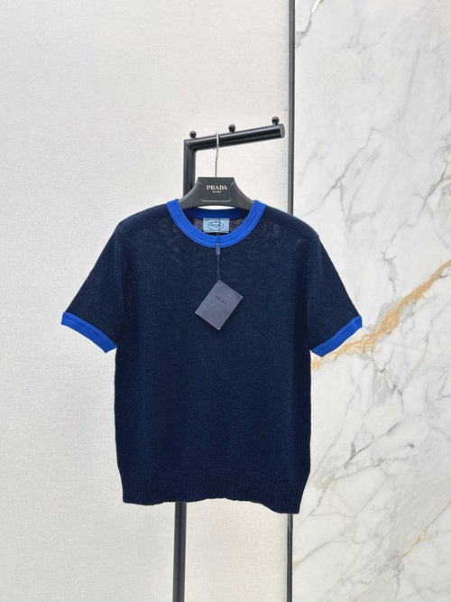 Prada Color-Blocked Cashmere Short-Sleeve Sweater