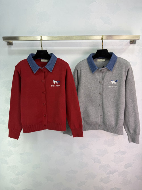 Miu Miu Horse-Embroidered Knit Cardigan with Denim Collar