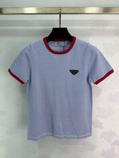 Prada Striped Knitted Short Sleeve with Logo Accent