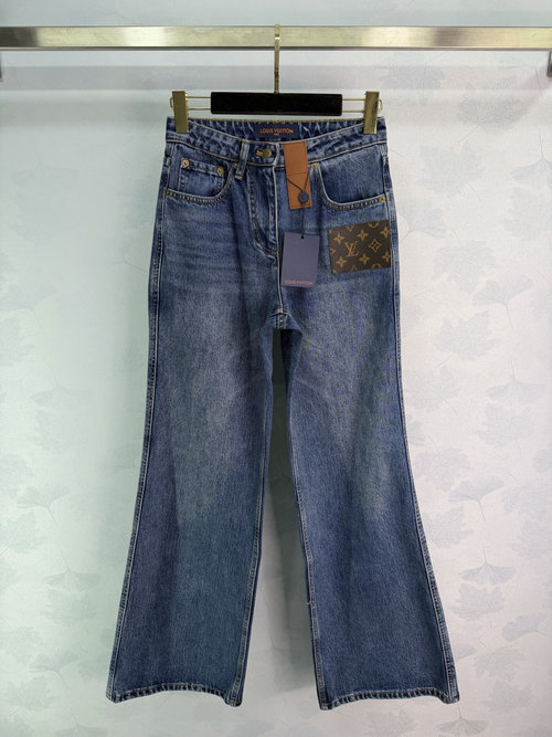 Louis Vuitton Monogram Leather Decorated Jeans, High-Waisted