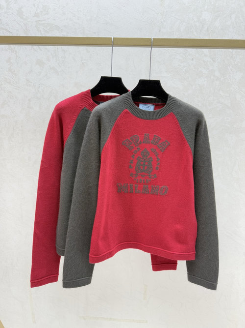 Prada Red & Grey Color-blocked Letter Jacquard Round Neck Long Sleeve Top