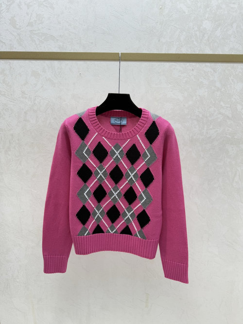 Prada Pink Contrasting Diamond Round-Neck Long-Sleeve Knit