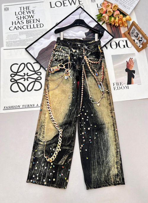 Dior Retro 3D Printed Black-Gold Chain Loose-Fit Trousers
