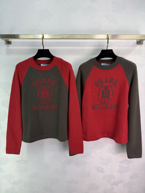 Prada Color-Blocked Round Neck Knitted Long Sleeve with Embroidered Logo