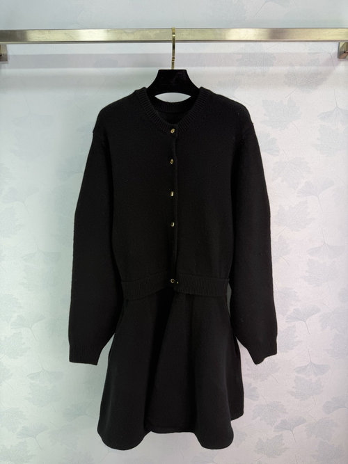Chanel Elegant and Versatile Black Wool Knitted Dress with Metal Buttons