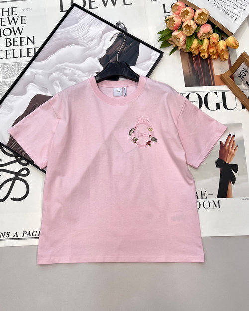 Dior Soft Pink Floral-Embroidered T-Shirt for Various Styles