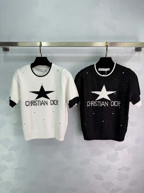 Dior Star Pattern Short Sleeve Knit Sweater with Contrast Trim