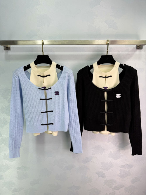 Chanel Color-Block Knit Blouse with V-Neck and Bow, Chic Design