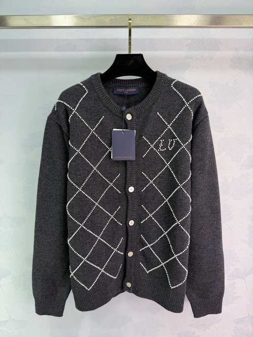 Louis Vuitton Deep Gray Knit Cardigan with Diamond Pattern, Elegant and Warm