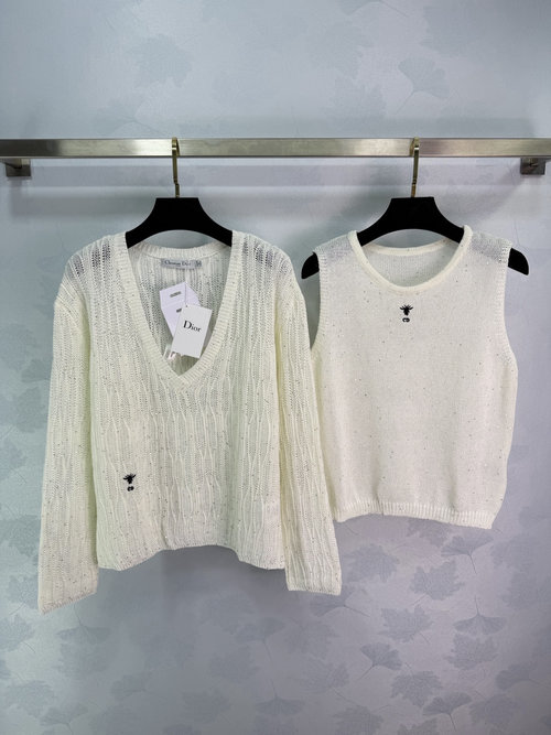 Dior Knitted Set with V-Neck Long Sleeve and Vest, Branded