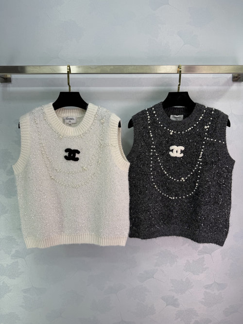 Chanel Knit Vest with 3D Texture and Pearl Chain, Refined Look