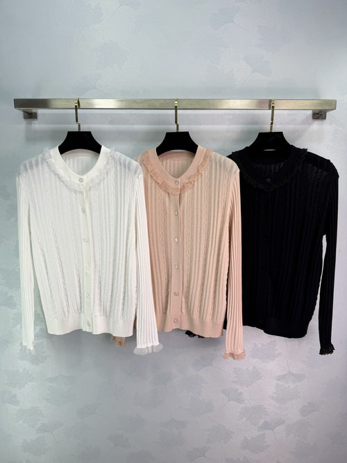 Hermes Lace-Trimmed Knit Cardigan with Round Neck, Sophisticated Ease