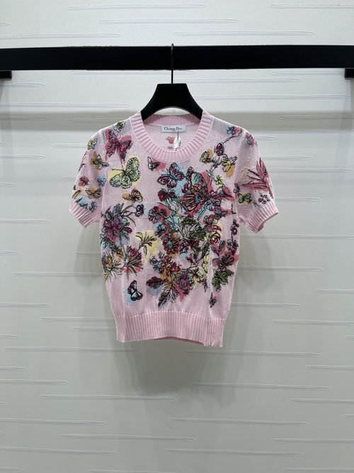 Dior Imported Mohair Knit Short Sleeve with Butterfly Embroidery