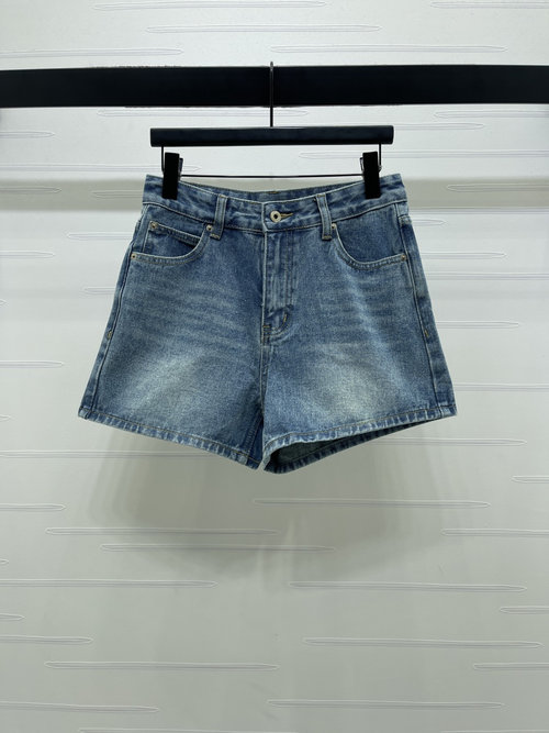 Loewe Pocket-Embroidered High-Waist Denim Shorts, Spring Style
