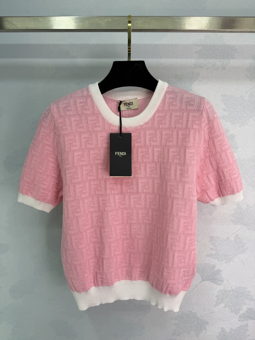 Fendi Comfortable Pink Knit Short Sleeve with 3D FF Logo