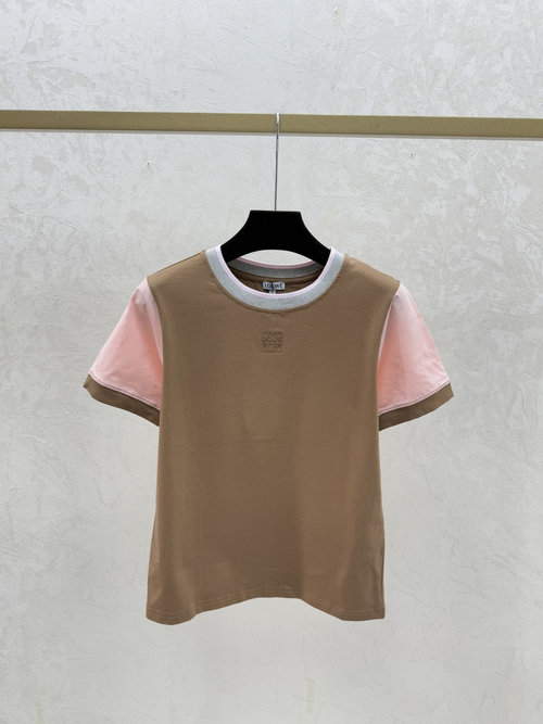 Loewe Coffee Color Block Simple Round Neck Short Sleeve