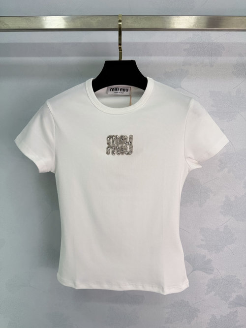 Miu Miu Breathable Cotton T-shirt with 3D Embroidered Letters