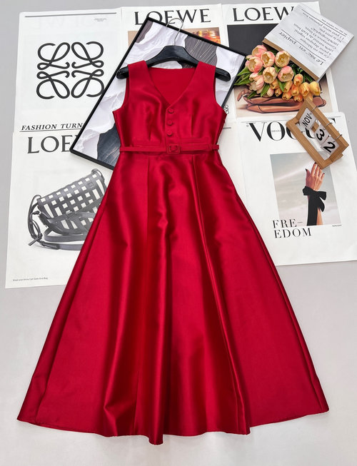 Dior V-Neck Waist-Belted Sleeveless Dress, Elegant and Versatile