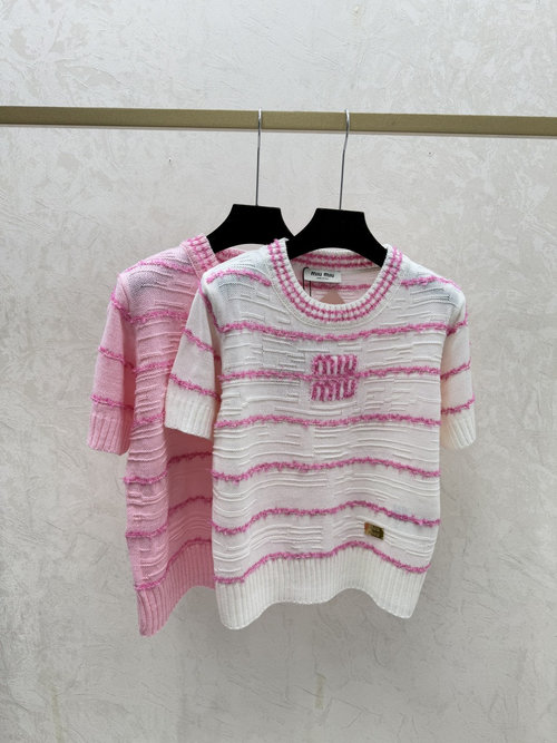 Miu Miu Solid Color Knit Short Sleeve with Contrast Letter Stripes
