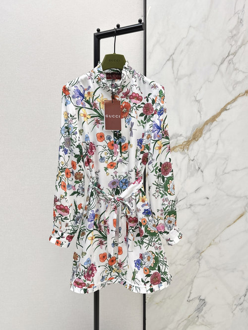 Gucci Elegant Floral Silk Dress with Stand - Collar