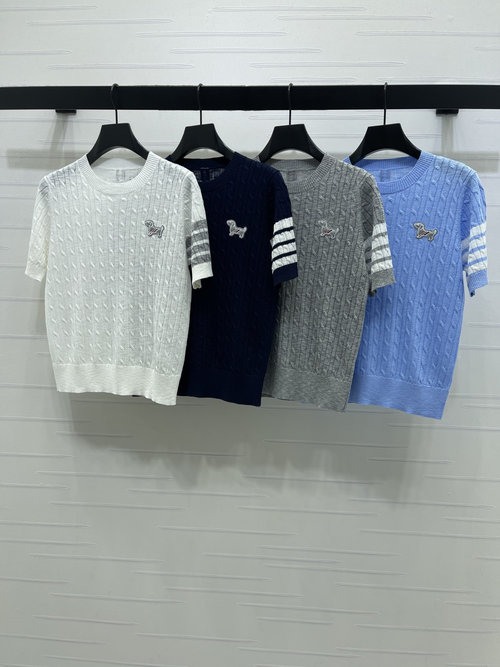 Thom Browne Round Neck Knitted Short Sleeve with Dog Embroidery