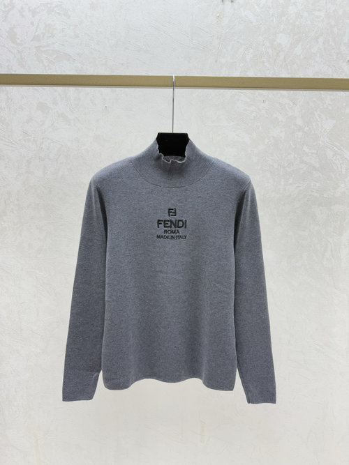 Fendi Gray Color-Blocked Letter High-Neck Knitted Long-Sleeve