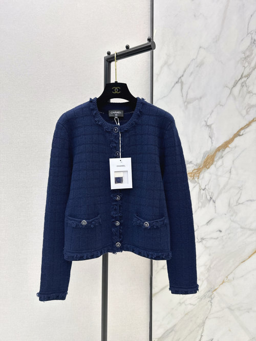 Chanel Tassel-Adorned Round Neck Knitted Cardigan with Grid Pattern