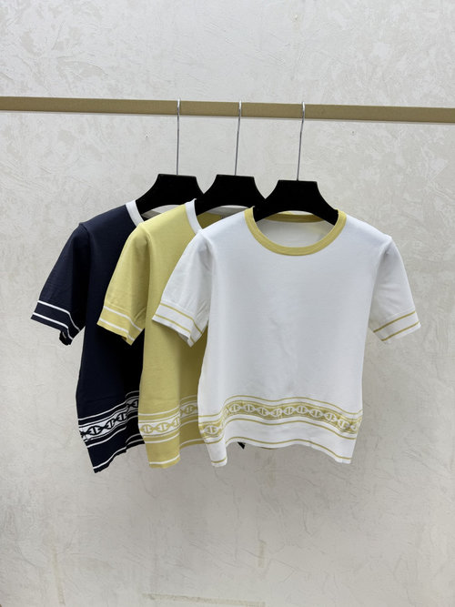 Hermes Knit Short-Sleeve with Color-Blocking Saddle Neck in White, Yellow and Blue