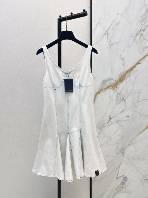 Louis Vuitton Denim V-Neck Ruffled Dress with Contrast Stitch