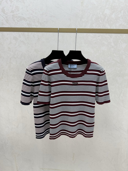Prada Red and Sapphire Knitted Short-Sleeved Top with Color-Blocked Stripes