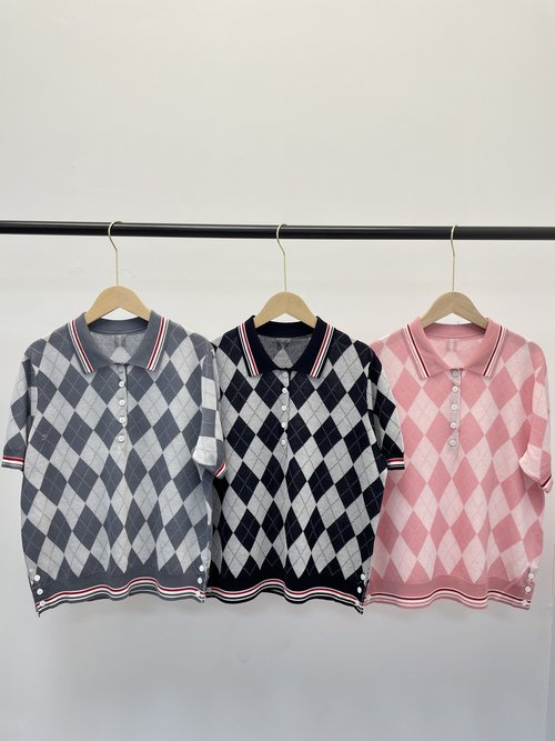 Thom Browne POLO Half-Open Pullover Silk Knit Short Sleeve with Lattice Jacquard